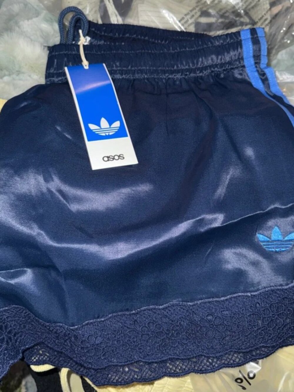 NWT adidas Originals × ASOS lace hem shorts in navy satin - Picture 3 of 3